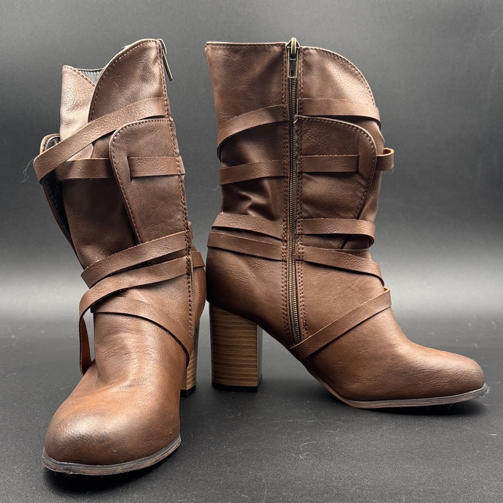 Women's Brown Strappy Mid-Calf Block Heel Boots